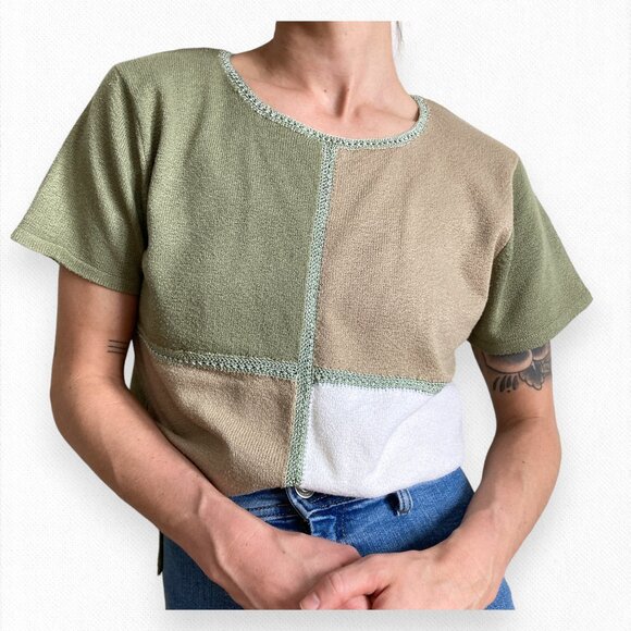 Vintage 90's T-Shirt Top Green White Beige Crochet Boho Grandma - Picture 3 of 8